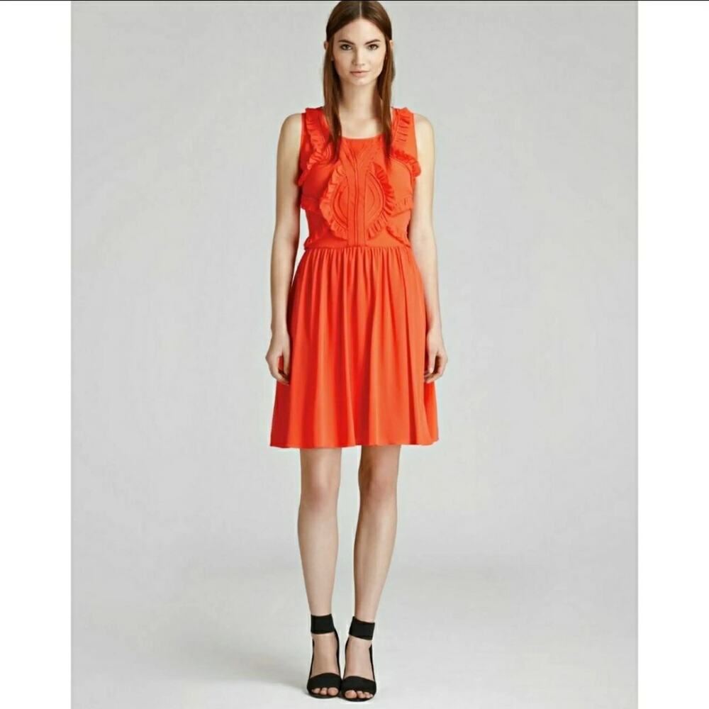 Reiss Loulou 100% Silk Mini Dress SZ 10 Orange Ruffle Waist Keyhole Flared